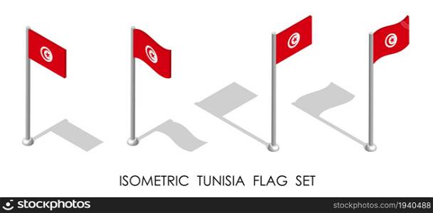 isometric flag of Republic of TUNISIA in static position and in motion on flagpole. 3d vector