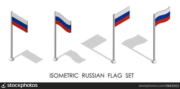 isometric flag of Russian Federation in static position and in motion on flagpole. 3d vector