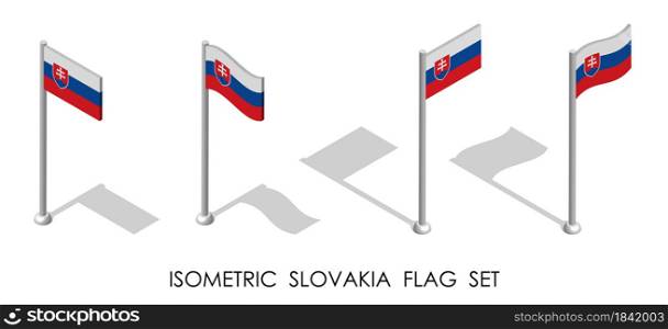 isometric flag of Slovakia in static position and in motion on flagpole. 3d vector