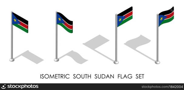 isometric flag of South Sudan in static position and in motion on flagpole. 3d vector