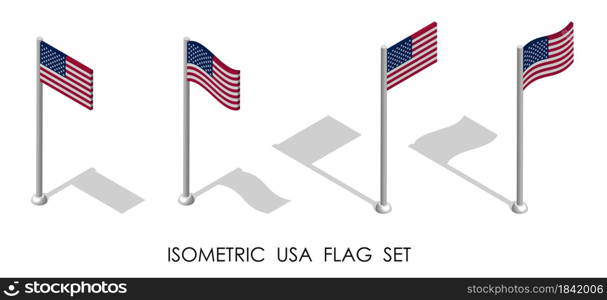 isometric flag of United States of America in static position and in motion on flagpole. 3d vector