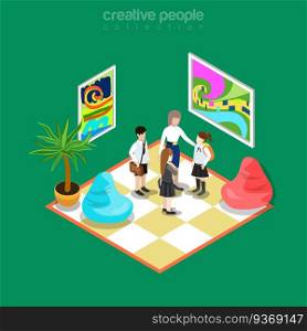 Isometric flat teacher and students in art gallery, museum lounge room interior vector illustration. Education and knowledge 3d isometry concept. Abstract paintings, soft puffs and plant. 