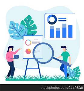 Isometric Flat Vector Illustration of Businessman Working with Data Visualizations. Men and Women Analyzing Tables, Charts, and Graphs on a Business Dashboard. The concept of open space analysis.
