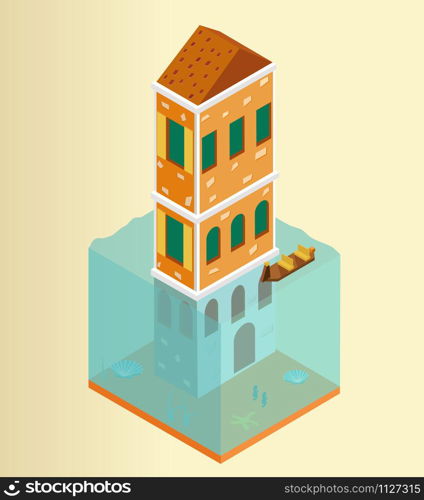 Isometric flooded ancient building and gondola in Venice. Isometric flooded building and gondola in Venice