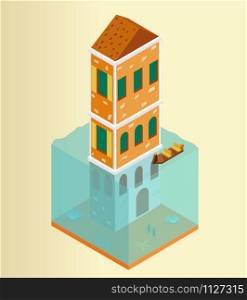 Isometric flooded ancient building and gondola in Venice. Isometric flooded building and gondola in Venice