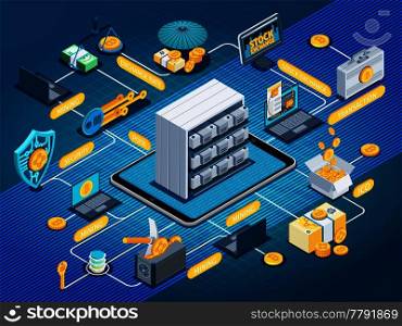 Isometric flowchart on blue background with blockchain, mining cryptocurrency, exchange rate, investment, ico, mobile devices, vector illustration. Blockchain Cryptocurrency Isometric Flowchart