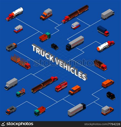 Isometric flowchart with fuel transportation, timber trucks, fire engine, lorries and minivans on blue background vector illustration . Trucks Isometric Flowchart