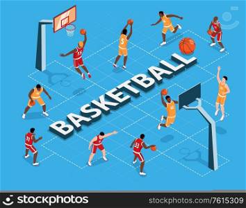 Isometric flowchart with two teams playing basketball on blue background 3d vector illustration