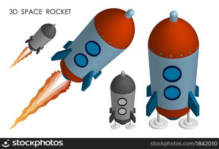 Isometric flying space rocket. Flights to Mars, Moon and planets of solar system. Technologies for space exploration. Realistic 3D vector