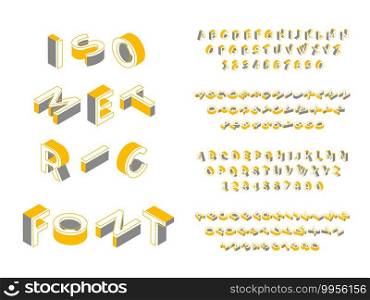 Isometric font. 3d geometric english alphabet, modern block latin text, futuristic uppercase letters and numbers in different angles isometry collection colors 2021 yellow and grey vector isolated set. Isometric font. 3d geometric english alphabet, block latin text, futuristic uppercase letters and numbers in different angles isometry collection colors 2021 yellow and grey vector set