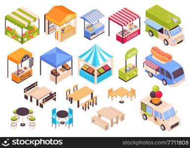 Isometric food courts fair marketplace set with isolated images of market stalls with seats and tables vector illustration. Fair Food Court Set