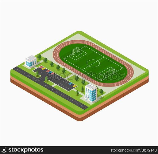 Isometric football stadium lawn, trees and buildings