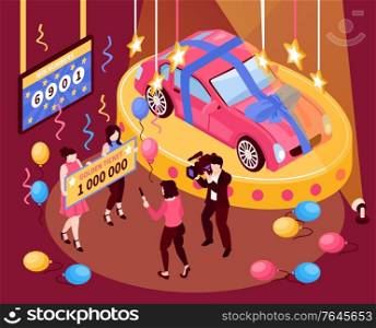 Isometric fortune lottery win composition with prize ticket and automobile with people confetti and colourful balloons vector illustration