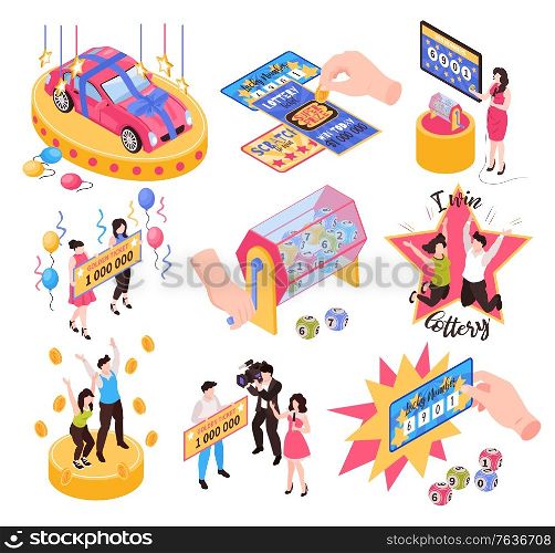 Isometric fortune lottery win set with isolated icons of prize tickets lucky dip and winner characters vector illustration
