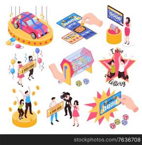 Isometric fortune lottery win set with isolated icons of prize tickets lucky dip and winner characters vector illustration