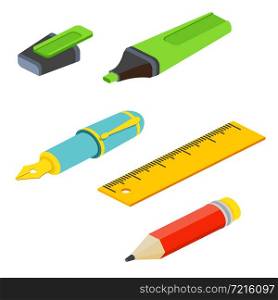 Isometric fountain pen, pencil, ruler and marker on white background. For web design and application interface, also useful for infographics.Vector illustration.. Isometric fountain pen, pencil, ruler and marker on white backgr