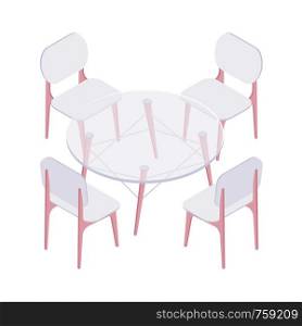 Isometric four plastic chairs and transparent round table isolated on white background. Glass table with set of chairs for the kitchen, room or restaurant interior vector cartoon illustration.. Isometric four chairs and transparent round table.