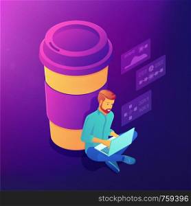 Isometric freelance designer and developer with a cup of coffee. Coffee break, labour productivity, office life, chat, networking vector 3D isometric illustration on ultraviolet background.. Isometric coffee break concept.