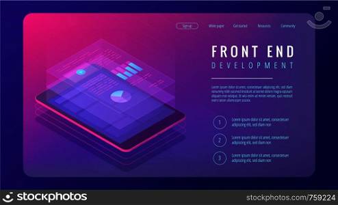 Isometric front end development landing page concept. Dedicated team. Front end application interface and coding development illustration on ultraviolet background. Vector 3d isometric illustration. Isometric front end development landing page concept.