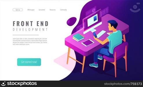 Isometric front end development landing page concept. Front end developer of website and app interfaces, coding and programmer illustration on white background. Vector 3d isometric illustration.. Isometric front end development landing page concept.