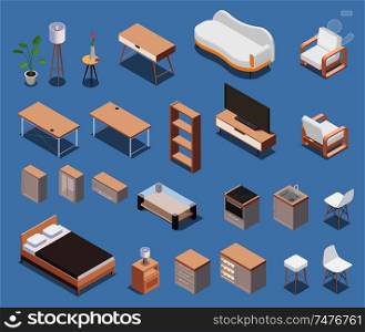 Isometric furniture icon set with wooden chair couch bed table shelf drawer cabinet vector illustration
