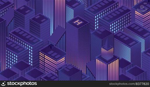 Isometric futuristic city vector illustration. Isometric urban megalopolis top view of the city and architecture 3d elements different buildings