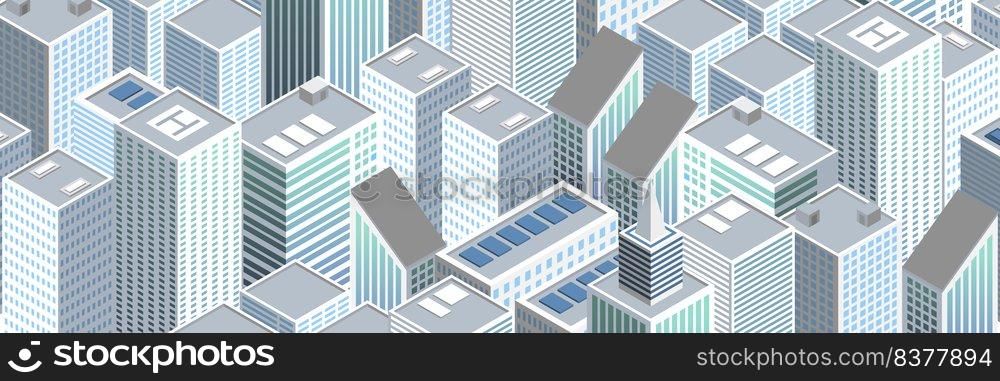 Isometric futuristic city vector illustration. Isometric urban megalopolis top view of the city and architecture 3d elements different buildings
