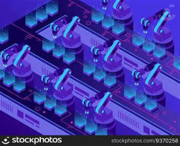 Isometric futuristic production line. Industrial warehouse automation, smart robotic arms and factory machines. Robot arm manufacturing technology vector illustration. Isometric futuristic production line. Industrial warehouse automation, smart robotic arms and factory machines vector illustration