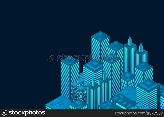 Isometric futuristic town with skyscrapers. Smart city technology for business and life. Intelligent buildings. Business center with skyscrapers. Smart city isometric illustration