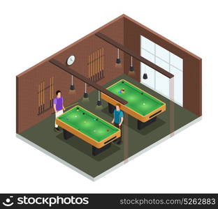 Isometric Game Club Interior Composition. Colored 3d isometric game club interior composition room with pool table and players vector illustration