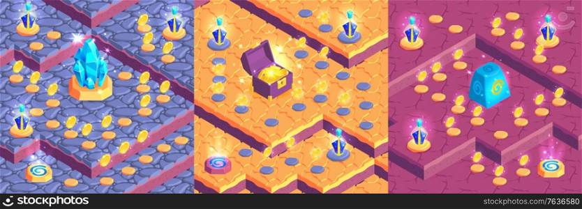 Isometric game landscape design concept with gaming levels and glowing jewels coins with rows on platforms vector illustration