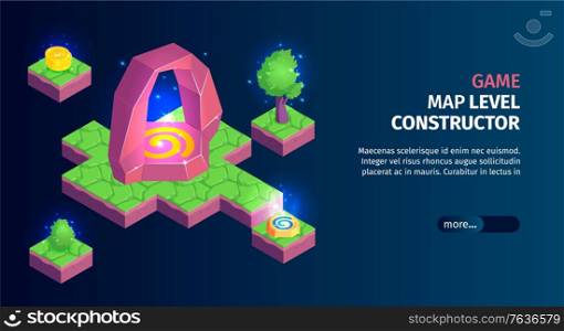 Isometric game landscape horizontal banner with editable text more button and platforms with gaming map constructor vector illustration