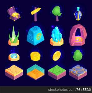 Isometric game landscape set of isolated terrain pieces with trees plants and jewels with golden coins vector illustration