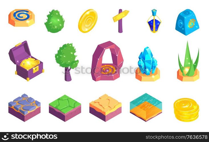 Isometric game landscape set of isolated treasure icons and surface puzzle elements images on blank background vector illustration