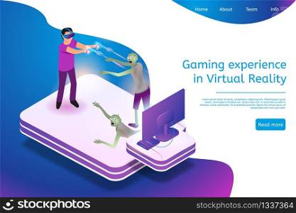 Isometric Gaming Experience in Virtual Reality. Vector Banner Illustration Guy Play Video Game Using Virtual Reality Glasses. Fighting Zombie with Help Virtual Weapons. Future Entertainment Industry