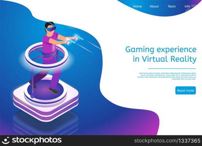 Isometric Gaming Experience in Virtual Reality. Vector Banner Illustration Guy Playing Video Game Using Virtual Reality Glasses. Hologram Projection Virtual Weapons. Future Entertainment Industry
