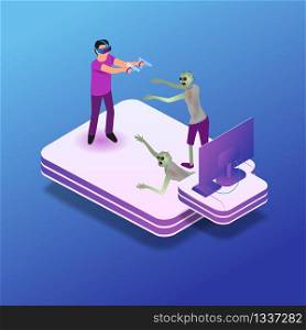 Isometric Gaming Experience in Virtual Reality. Vector Illustration Guy Play Video Game Using Virtual Reality Glasses. Fighting Zombie with Help Virtual Weapons. Future Entertainment Industry