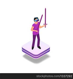 Isometric Gaming Experience in Virtual Reality. Vector Illustration Guy Playing Video Game Using Virtual Reality Glasses. Hologram Projection Virtual Sword. Future Entertainment Industry