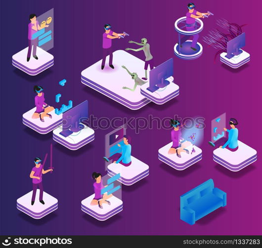 Isometric Gaming Experience in Virtual Reality. Vector Set Illustration Online Communication Friend, Video Game Play, Virtual Reality Glasses, Future Technology, Game Platform, Monster, Virtual Weapon