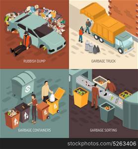 Isometric Garbage Recycling Design Icon Set. Four square isometric garbage recycling design icon set with truck garbage rubbish dump containers and sorting descriptions vector illustration