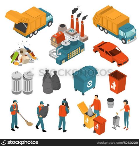 Isometric Garbage Recycling Icon Set. Isolated colored isometric garbage recycling icon set with garbage collectors and containers vector illustration