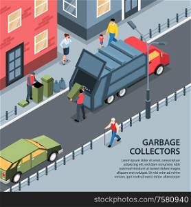Isometric garbage waste recycling background with editable text and outdoor street view with people and truck vector illustration