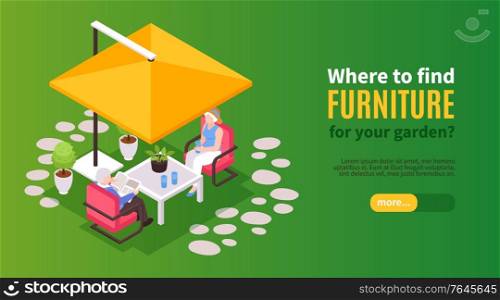 Isometric garden furniture horizontal banner with text slider button and elderly couple sitting under tent cap vector illustration