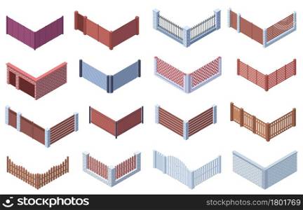 Isometric garden or suburban house 3d gate fences. Wooden, metal trellises, stone gate fences vector illustration set. Courtyard fencing, brick wall border with entrance. Private area. Isometric garden or suburban house 3d gate fences. Wooden, metal trellises, stone gate fences vector illustration set. Courtyard fencing