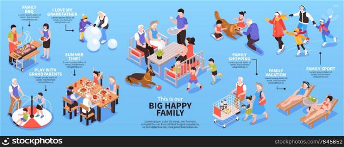 Isometric generation family infographics with group leisure activity images characters of grandparents kids and text captions vector illustration
