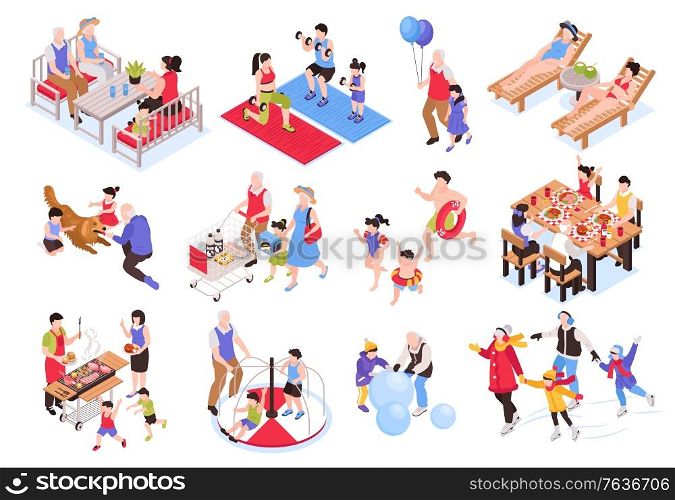 Isometric generation family set with isolated human characters of relatives of different age during various activities vector illustration