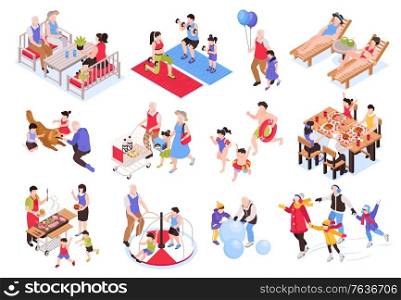Isometric generation family set with isolated human characters of relatives of different age during various activities vector illustration
