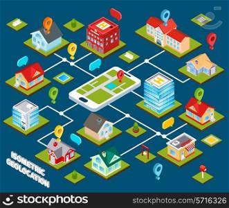 Isometric geolocation concept with 3d buildings connected with mobile phone vector illustration