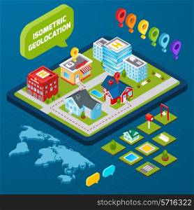 Isometric geolocation concept with town houses private and office buildings and gps icons 3d vector illustration