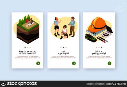 Isometric geology vertical banners collection with editable text description clickable page switch buttons and related images vector illustration